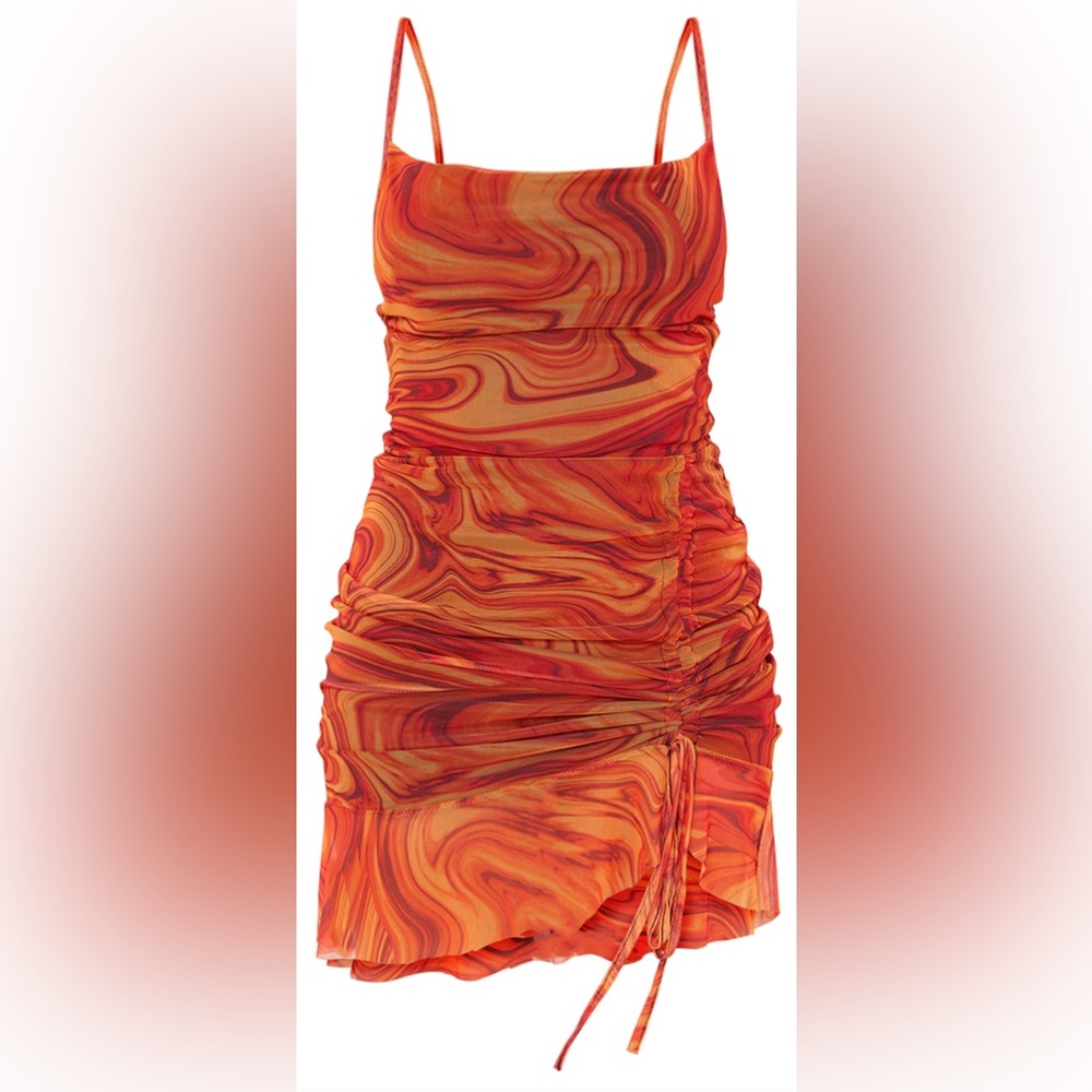 NWOT PrettyLittleThing Orange Mesh Marble Print Ruched Bodycon Dress